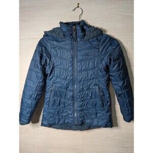 The North Face Girls Puffer Jacket Blue Fur Trim Hooded RIPPED Coat Sz 7/8 READ
